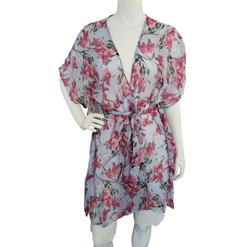 Very J Floral Chiffon Kimono Cardigan Wrap Duster Internal Belt Slits Medium